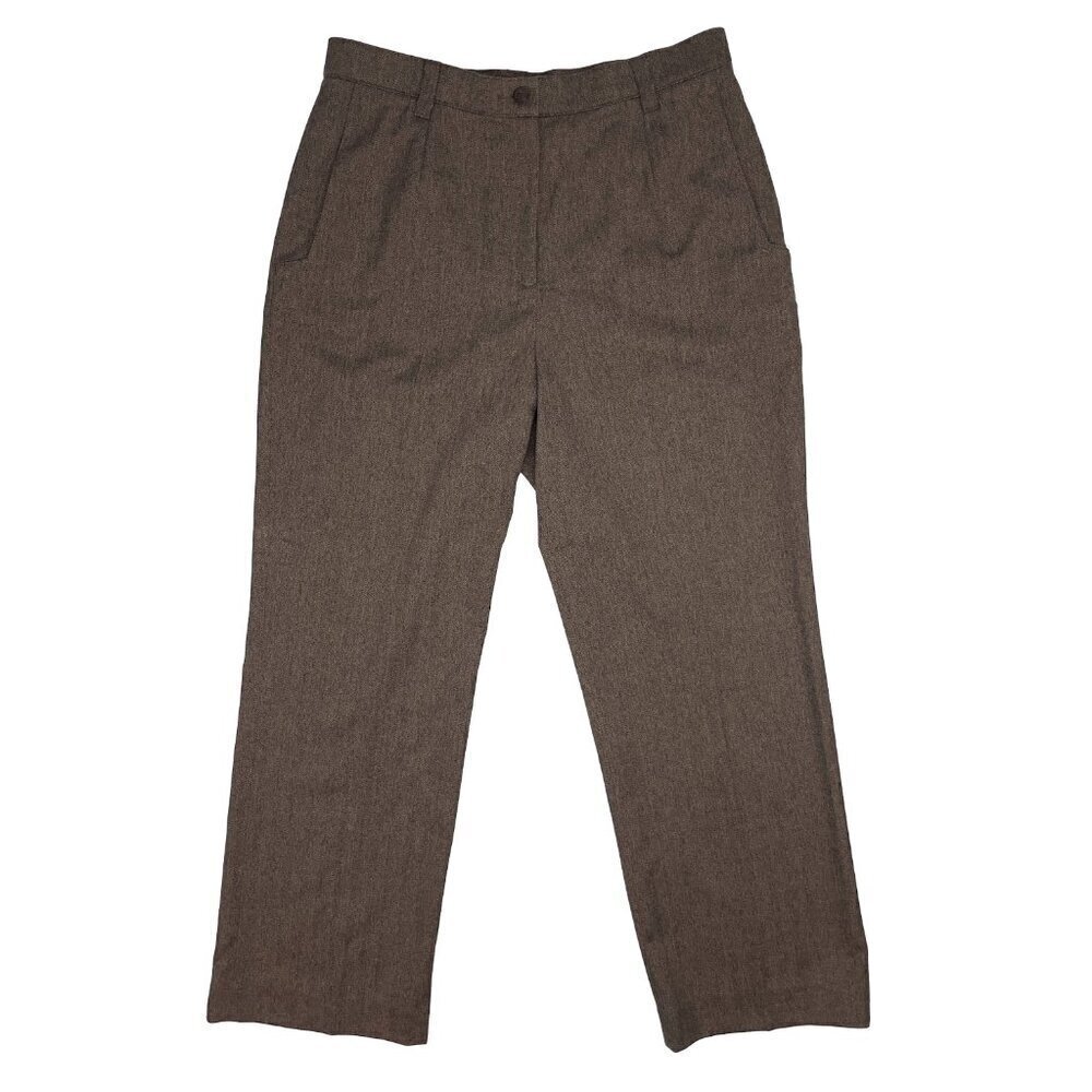 HAGGAR Petite Academia Pleated Brown Herringbone Neutral Wide-leg Trousers sz 10
